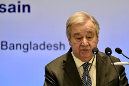 United Nations Secretary-General Antonio Guterres speaks during a press briefing in Dhaka on March 15