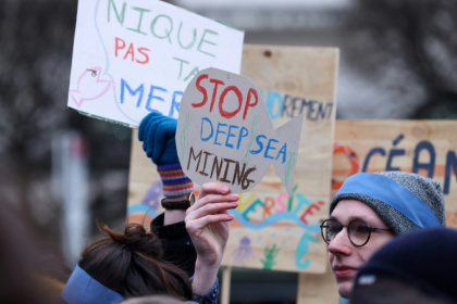 Activists rally against deep sea mining outside the European Parliament in March 2023 - Kenzo TRIBOUILLARD