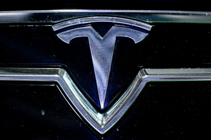 The logo of US company Tesla displayed at the Paris Motor Show at Paris Expo Porte de Versailles in Paris on October 16, 2024 - JULIEN DE ROSA (AFP)