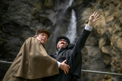 Reichenbach reenacted: Sherlock Holmes, here  played by British motoring author Philip Porter, grapples with nemesis Professor Moriarty, played by British lawyer Peter Horrocks - Fabrice COFFRINI (AFP)