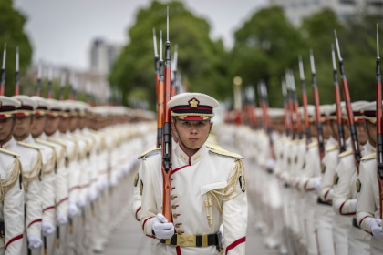 Members of an honour guard at Japan's  Ministry of Defence in Tokyo in June - Yuichi YAMAZAKI (AFP)